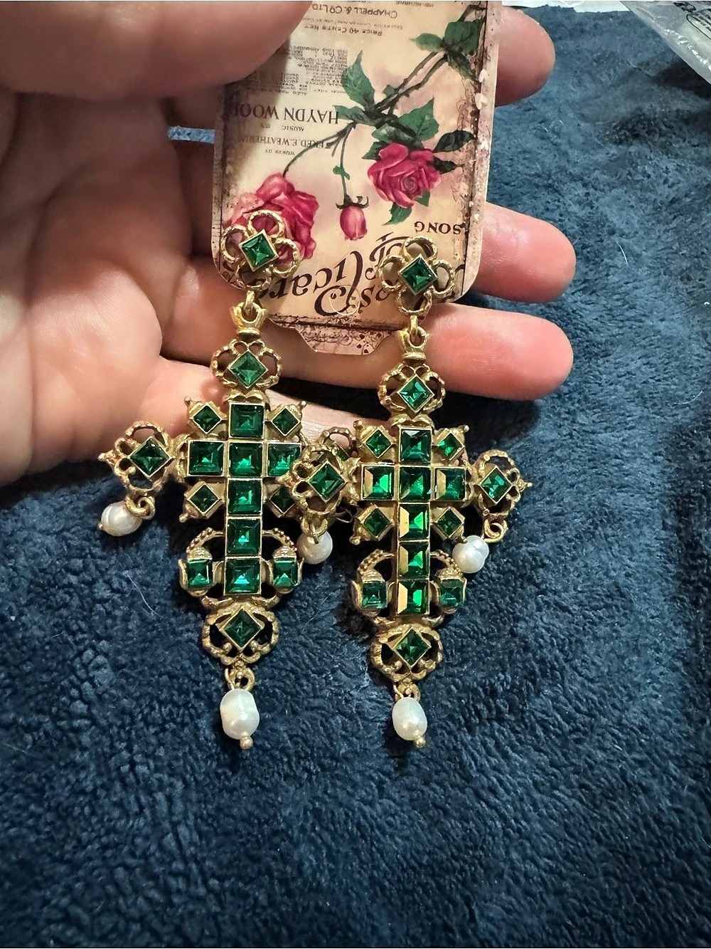 Green & Gold Jeweled Cross Drop Earrings -New